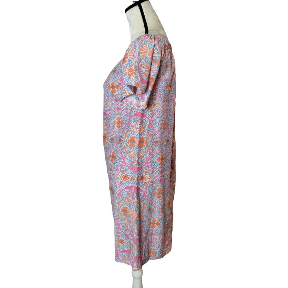 J McLaughlin Sz S Marina Off Shoulder Silk Blend Dress Pink Orange Cap Sleeve - Picture 4 of 8